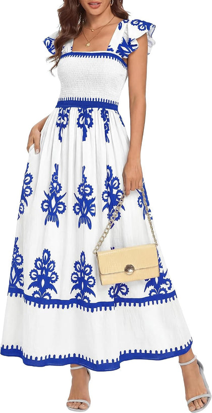 BTFBM Summer Dresses for Women 2026 Casual Floral Boho Sleeveless Square Neck A Line Flowy Beach Maxi Sundress Pockets(White Blue Flower, XX-Large)