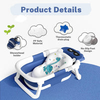 AVIDOR Bañera Plegable para Bebé Diseño Dinosaurio con Red de Baño Azul Marino
