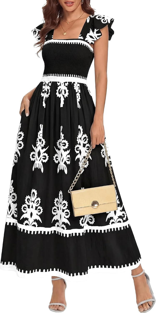 BTFBM Summer Dresses for Women 2026 Casual Floral Boho Sleeveless Square Neck A Line Flowy Beach Maxi Sundress Pockets(Black White Flower, XX-Large)
