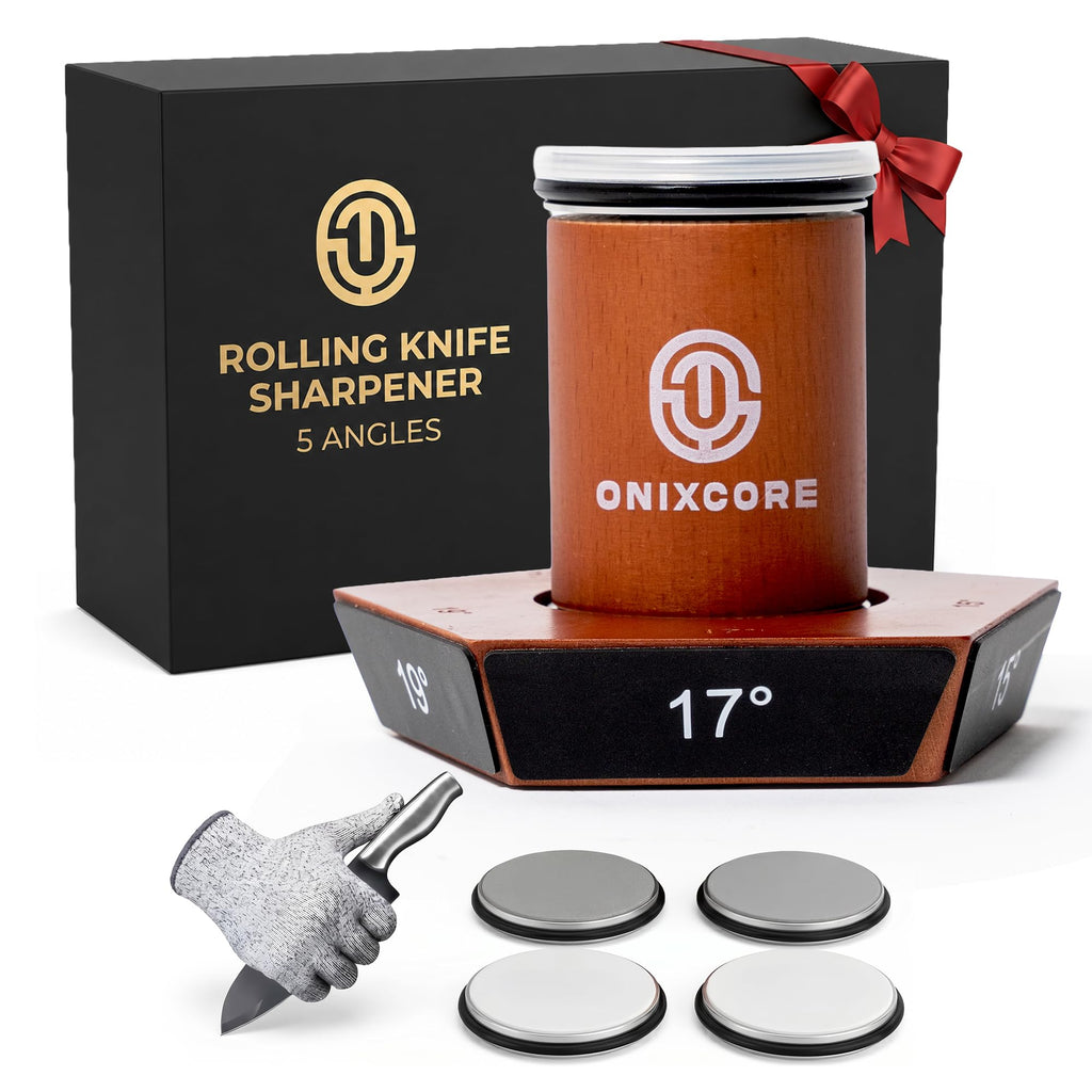 Rolling Knife Sharpener Kit, 5-Angle Magnetic Knife Sharpener Roller with 4 Diamond & Ceramic Discs, Gloves Included, Manual Guided Knife Sharpening Kit for Kitchen, Japanese, Pocket & Hunting Knives