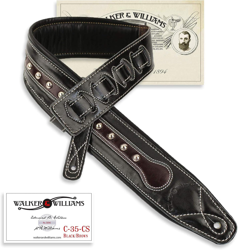 Walker & Williams C-35-CS Handmade Black and Brown All Top Grain Leather Padded Guitar Strap with Metal Studs For Acoustic, Electric, And Bass Guitars