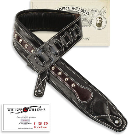 Walker & Williams C-35-CS Handmade Black and Brown All Top Grain Leather Padded Guitar Strap with Metal Studs For Acoustic, Electric, And Bass Guitars