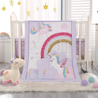 Wowelife Mini Girl Crib Bedding Set, 3 Piece Unicorn Mini Crib Comforter Set, Baby Girl Nursery Bedding Set Include Breathable Comforter, Crib Skirt and 38x24 Sheet, Purple