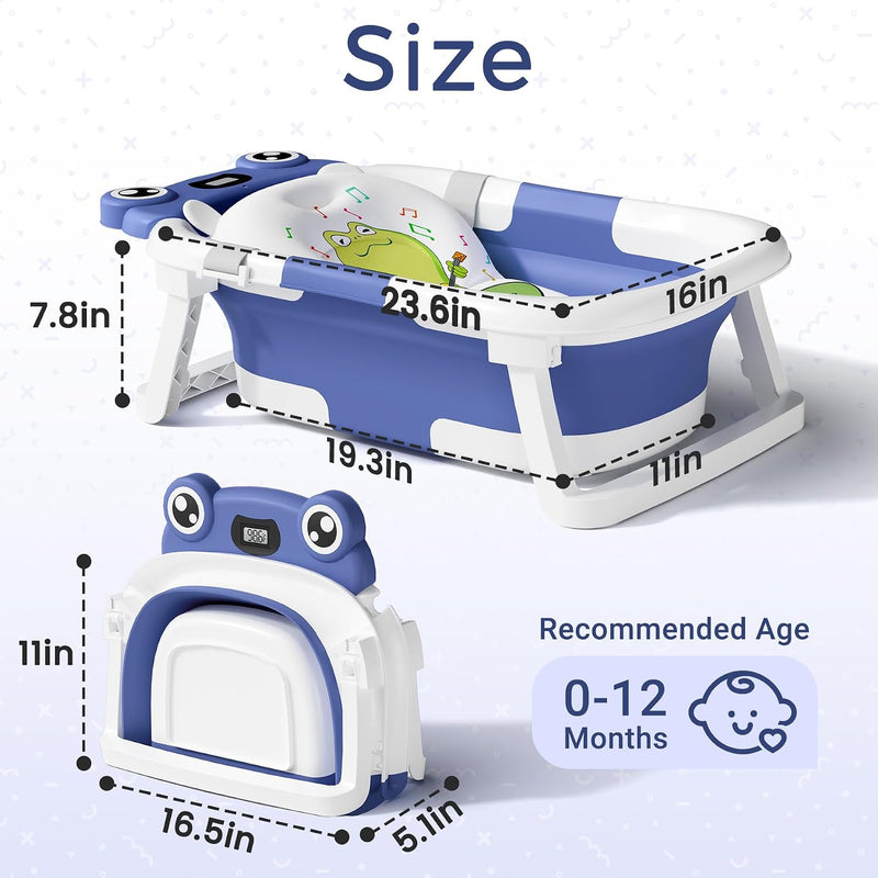 BUNWAG Bañera Plegable para Bebé con Termómetro y Cojín Azul Marino