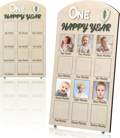 Cinnvoice One Happy Camper 1st Birthday Photo Board Camping First Birthday Wooden Decorative Board Milestone Monthly Photo Props Gift Supplies for Party Commemorative Events