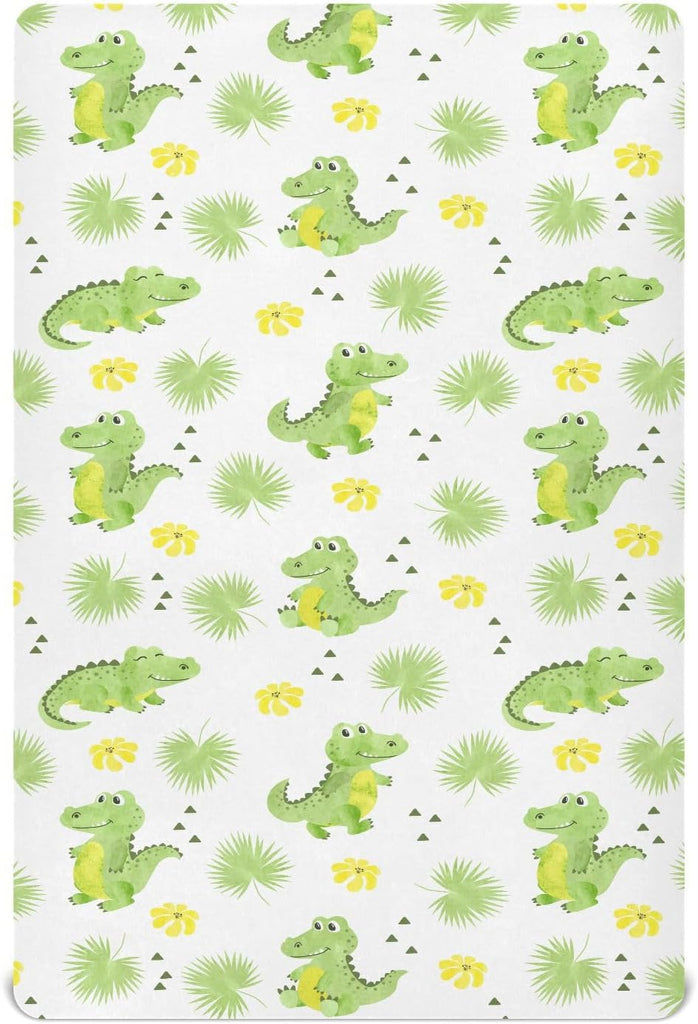 Crib Sheets for Boys Girl Crocodiles Alligators Palm Leaves Breathable Mini Crib Mattress Sheets Fitted,Toddler Baby Sheets for Crib Mattress Soft & Breathable 39 * 27 * 5In