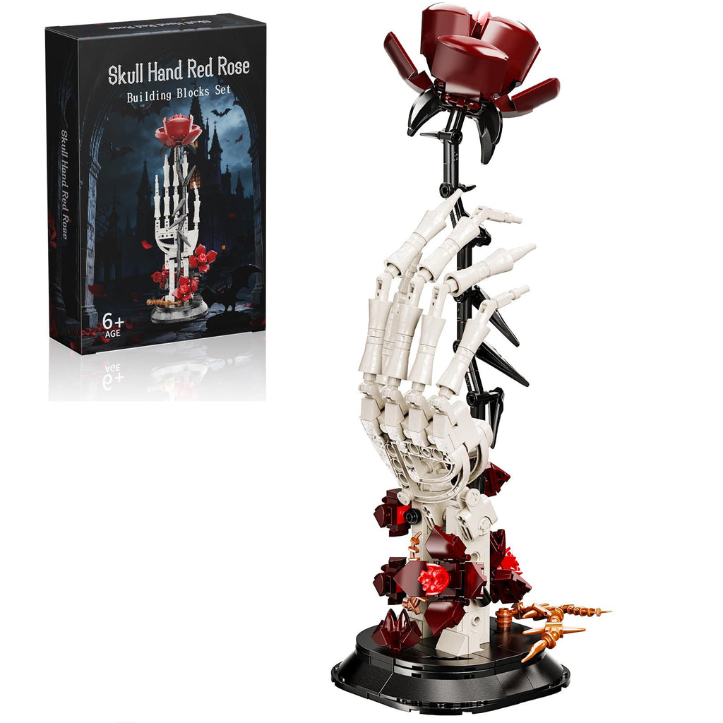 FCEYOUT Skull Rose Building Set, Gothic Skull Hand Style Desktop Decorations Ornaments, Dark-Themed Toys, Creative DIY Building Block Gifts