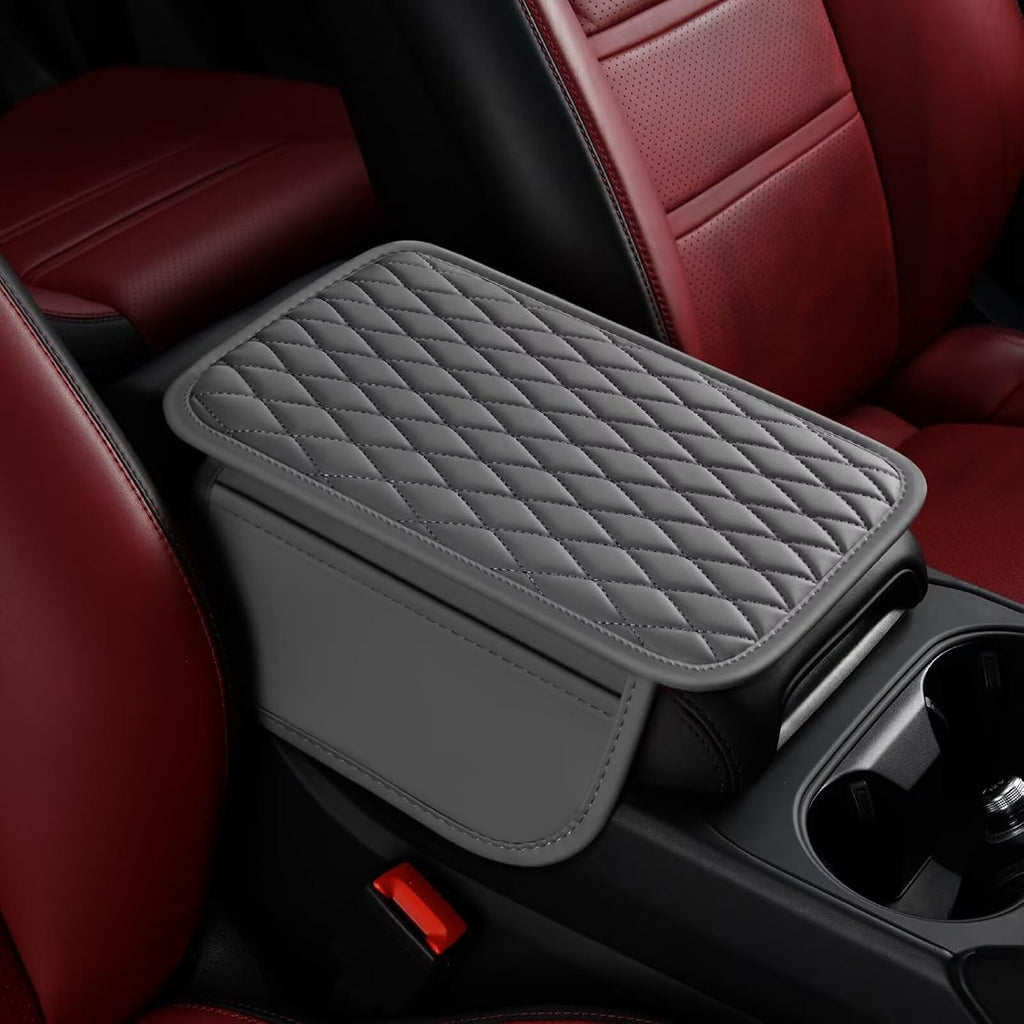 BNMFFYU Car Center Console Cover Fit for Tesla Model X: Leather Car Armrest Cover Cushion with 2 Storage Bags - Car Accessories Console Arm Rest Protector(001# Grey)