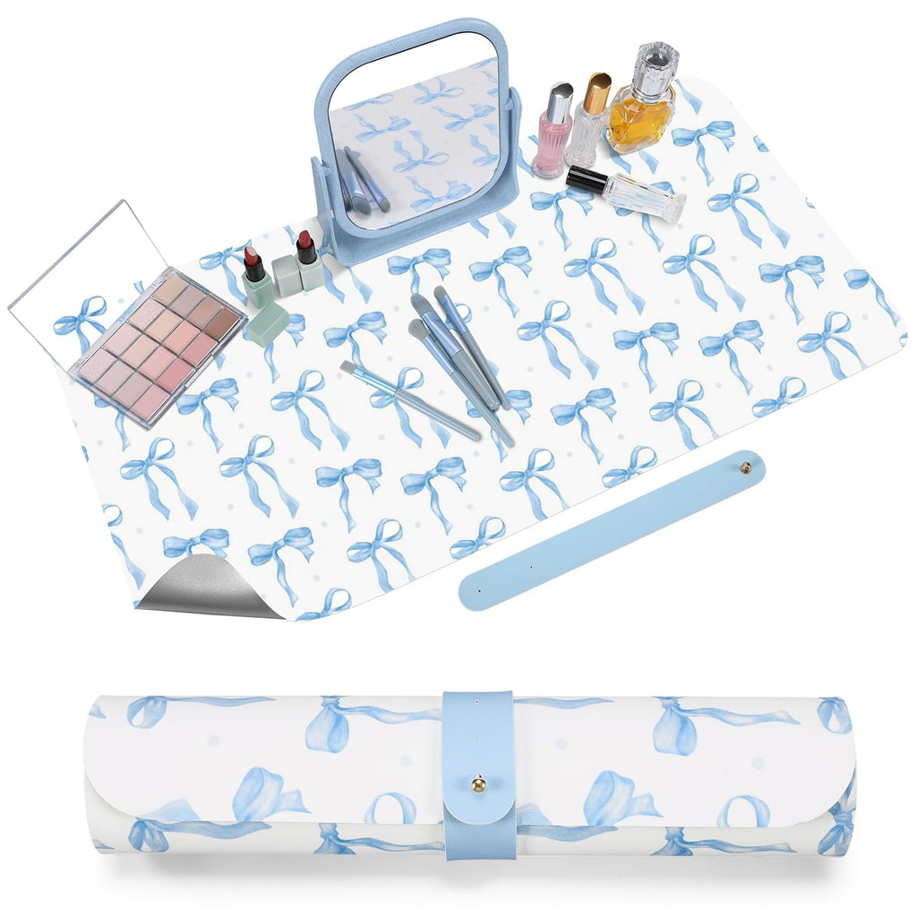 Teenyyou Coquette Bow Makeup Mat for Vanity Top Protector Blue Vanity Mat