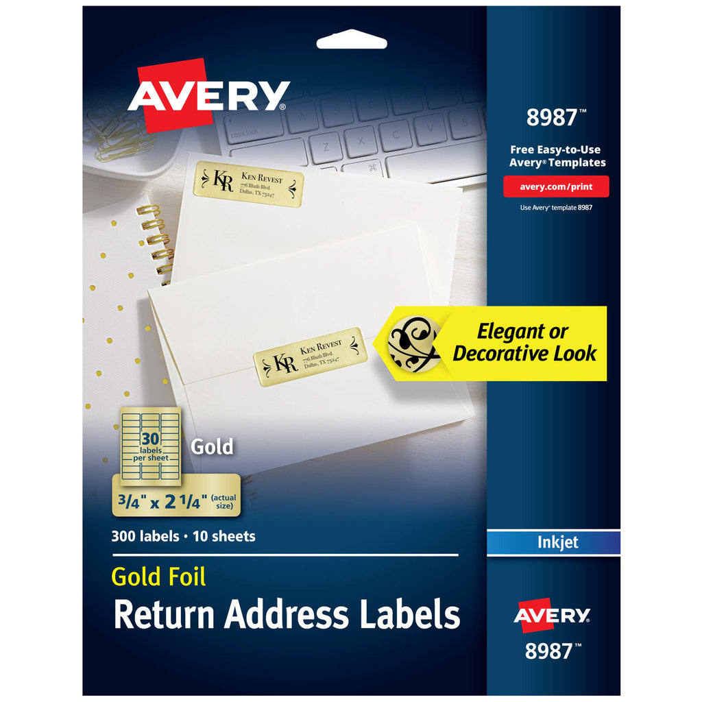 Avery® Printable Return Address Labels, 0.75" x 2.25", Gold Foil, 300 Blank Mailing Labels (08987)