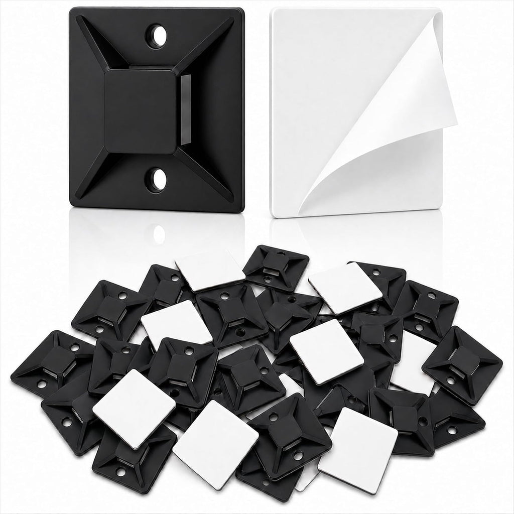SeuYeugX 1" BLACK 500pcs Adhesive Cable Tie Mounts – Strong Sticky Back Nylon Wire Holders for Cable Management in Home, Office, Car & Christmas Lights