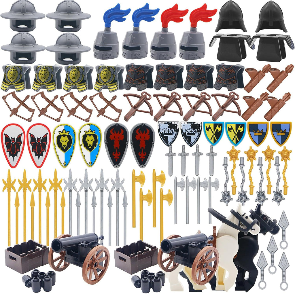 BroTex Knights People Accessories Building Block - Medieval Weapon Armor Swords Helmet Horse, Castle Knight Shield Spear, MOC Bricks Parts Toys Sets for Boys