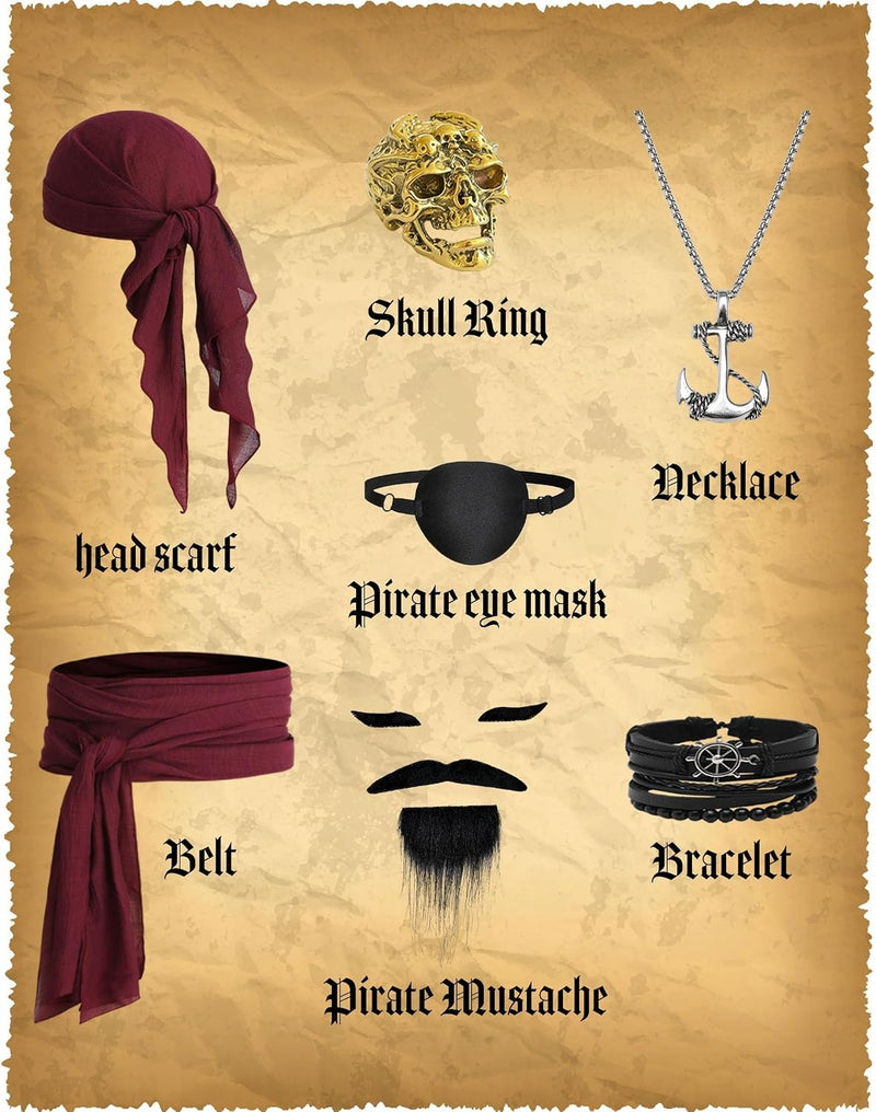 Vanderdyken Disfraz de pirata de 9 piezas para hombre, traje medieval renacentista vikingo con camisa, pantalón y accesorios para Halloween