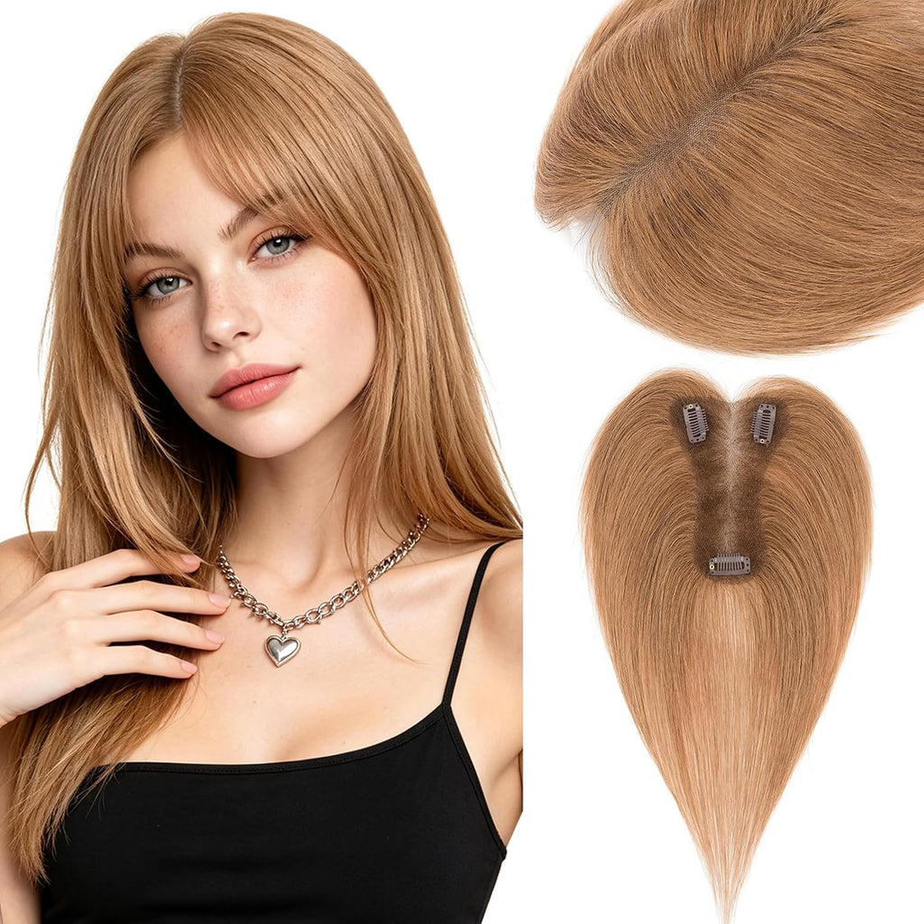 Hairro Hair Toppers For Women Real Human Hair Short Topper Hair Pieces For Thinning Hair Light Brown Wiglet No Bang Middle Part Side Bangs Hair Clip 10 Inches 17g #06