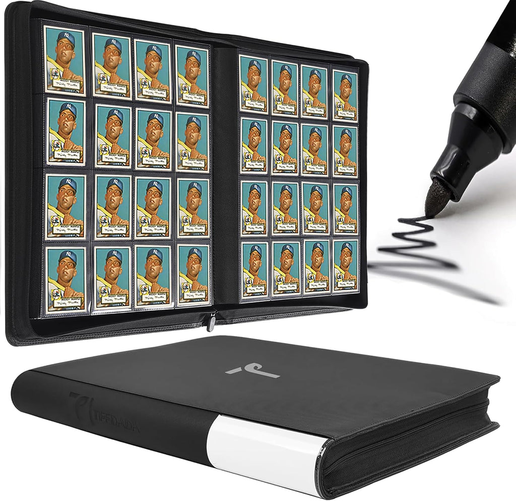 TIFFDADA Trading Card Binder 16 Pocket, Holds 1600+ Cards, Ringless 50 Double-Sided Sleeves, Spine Label with Maker Pen, Side Loading Card Collection Album with Zipper for TCG, PTCG, MTG, Sports Cards