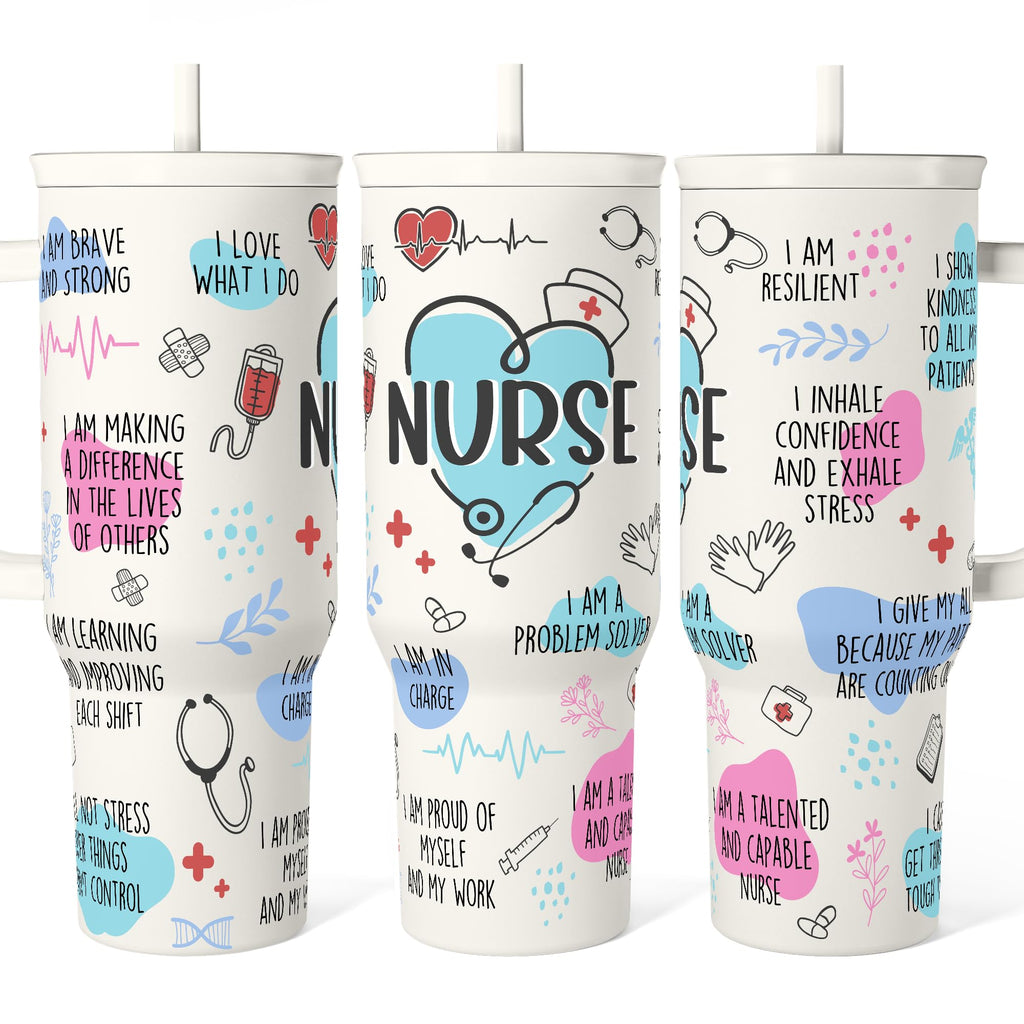 Nurse Tumbler with Handle 40oz, Coffee Travel Mug with Straw, Inspiration Gifts for Women Female Nurses, Nursing Gift for Birthday Christmas Nurse Week