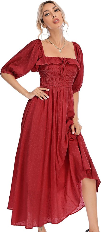 R.Vivimos Women Summer Half Sleeve Cotton Ruffled Vintage Elegant Backless A Line Flowy Long Dresses (Medium, Burgundy-1)