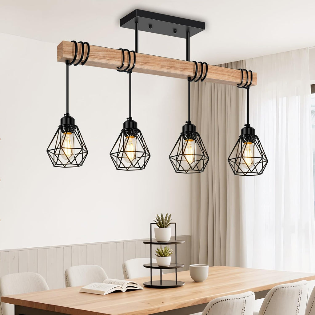 Feanron 4-Lights Farmhouse Wood Kitchen Island Lighting, 23.6'' Dining Room Light Fixtures Chandelier Over Table, Rustic Black Cage Pendant Lights Ceiling Hanging for Pool Table, Living Room, Hallway
