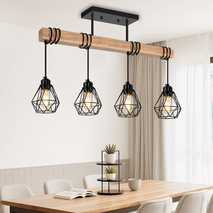 Feanron 4-Lights Farmhouse Wood Kitchen Island Lighting, 23.6'' Dining Room Light Fixtures Chandelier Over Table, Rustic Black Cage Pendant Lights Ceiling Hanging for Pool Table, Living Room, Hallway
