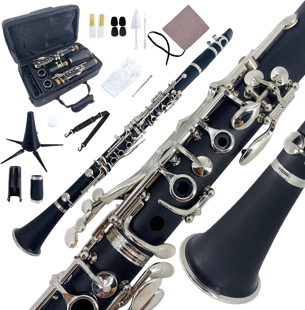 YoungMonic Bb Clarinet Black Ebonite Body Nickel-Plated Keys Wood Clarinets Complete Beginner Kit with Hard Bag & Care Tools Easy to Learn, Rich Sound for Beginners & Adult Learners Practice(q1)