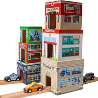 6 Wooden Stacking City Buildings - Nesting Community Helpers Building Boxes - Wood Sorting Cubes Town Play Set for Mats, Toy Cars and Trains - Educational Preschool Track Accessories Learning Toddler