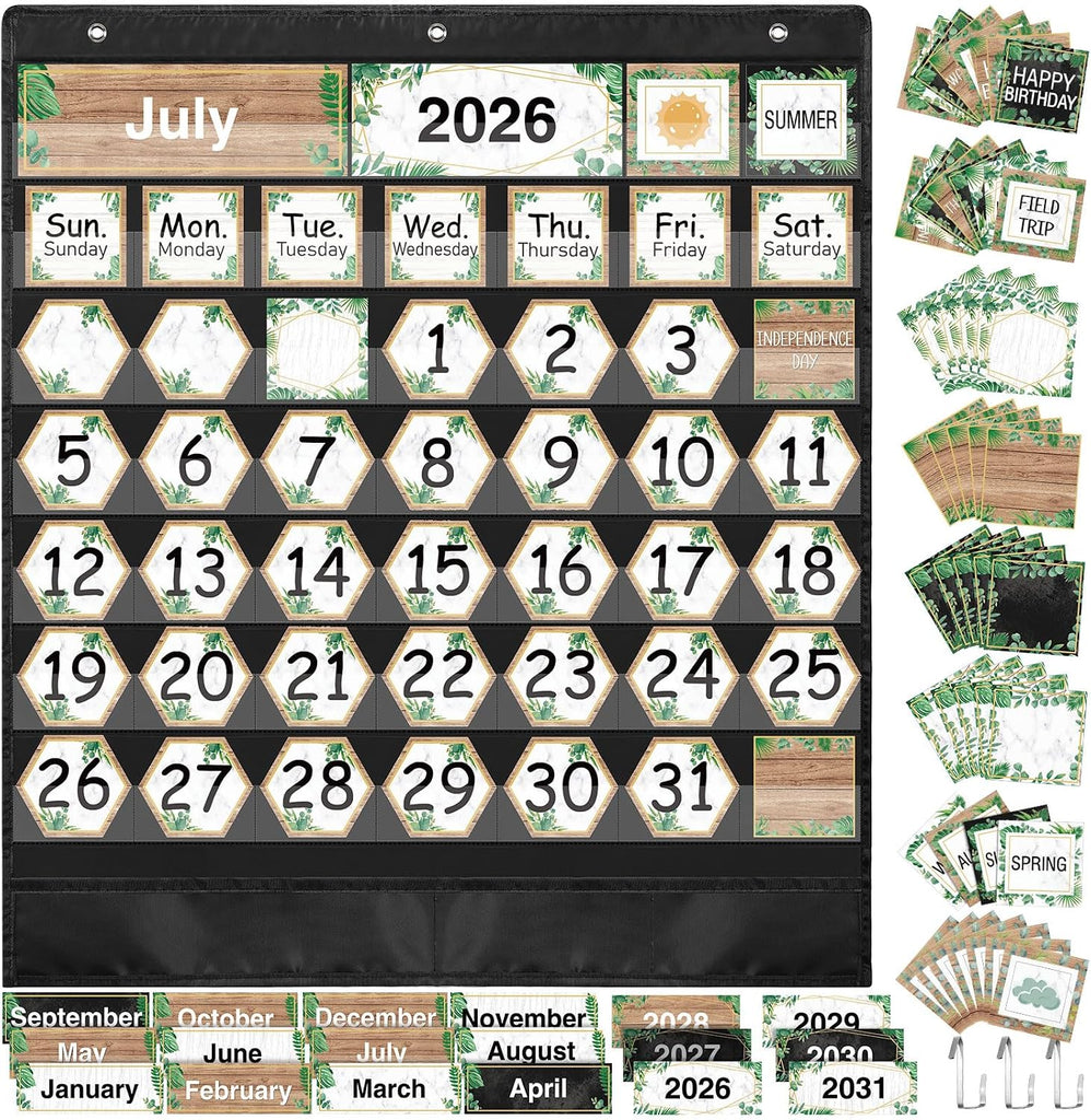 Fulmoon Classroom Calendar Pocket Chart Set Calendar Bulletin Board Set with Pocket Seasons Festival Weather Date Bag Chart for Classroom Decoration Back to School Supplie(Black,Greenery)
