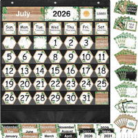 Fulmoon Classroom Calendar Pocket Chart Set Calendar Bulletin Board Set with Pocket Seasons Festival Weather Date Bag Chart for Classroom Decoration Back to School Supplie(Black,Greenery)