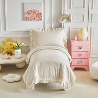 Ruffled Lace Toddler Bedding Set with Ruffle Fringe, Solid Color 4 Pieces Toddler Bed Set - 1 Cute Baby Comforter + 1 Fitted Sheet +1 Flat Sheet +1 Pillowcase for Baby Boys and Girls Cream White Beige