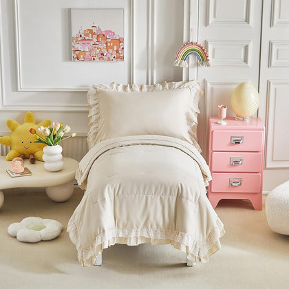 Ruffled Lace Toddler Bedding Set with Ruffle Fringe, Solid Color 4 Pieces Toddler Bed Set - 1 Cute Baby Comforter + 1 Fitted Sheet +1 Flat Sheet +1 Pillowcase for Baby Boys and Girls Cream White Beige