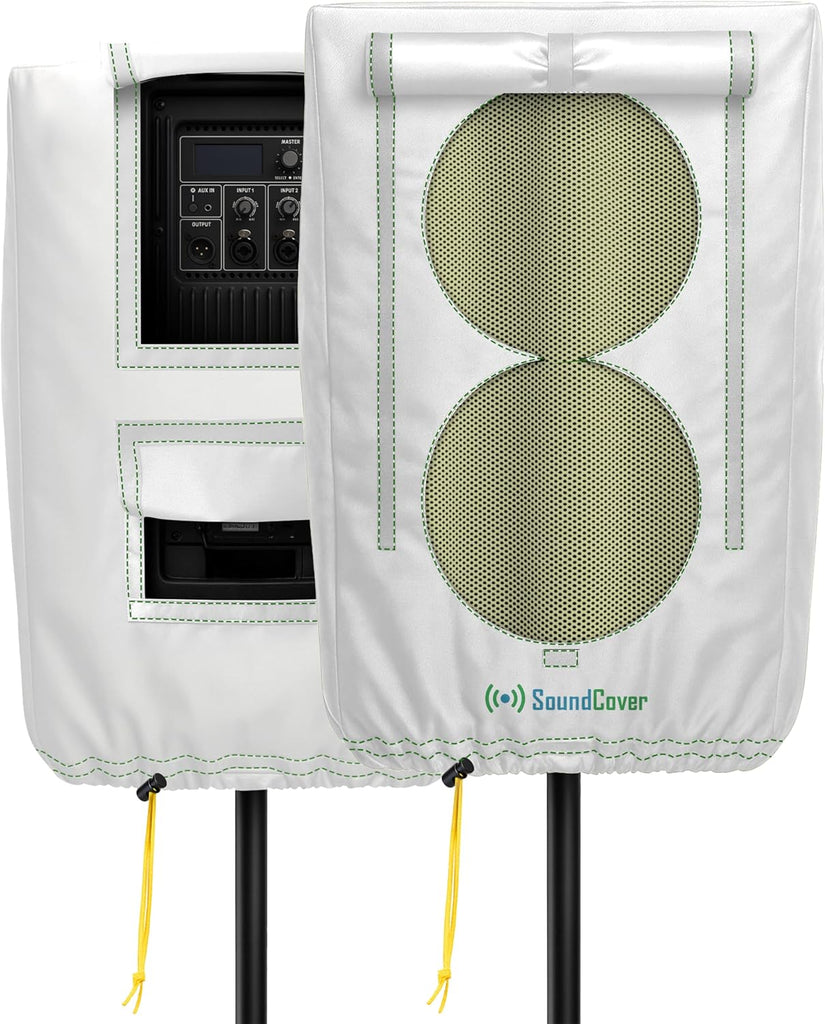 SoundCover Professional Grade 600D Protective Cover for Stand Mounted 15" PA/DJ Powered Speaker with SoundFlap - White - Includes a 420D Storage Bag and reinforced yellow Paracord 700 draw cord