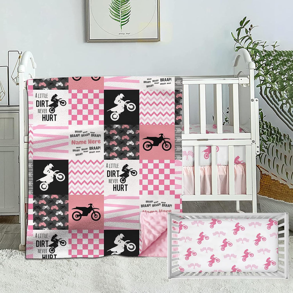 Munific Personalized Crib Bedding Set for Girls, Custom Baby Sets with Name, Motocross Dirt Bike Sets, 2 Piece Pink Motorcycle Plaid Comforter, Fitted Sheet Girl, Style#8, Woodland