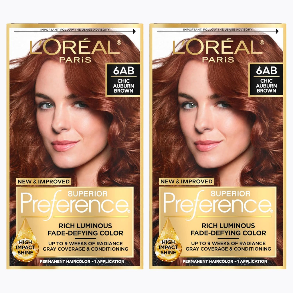 L'Oreal Paris Superior Preference Luminous Fade-Defying Permanent Hair Color, Hair Dye For Up to 9 Weeks of Radiance, Chic Auburn Brown 6AB, 1 Hair Dye Kit (Pack of 2)