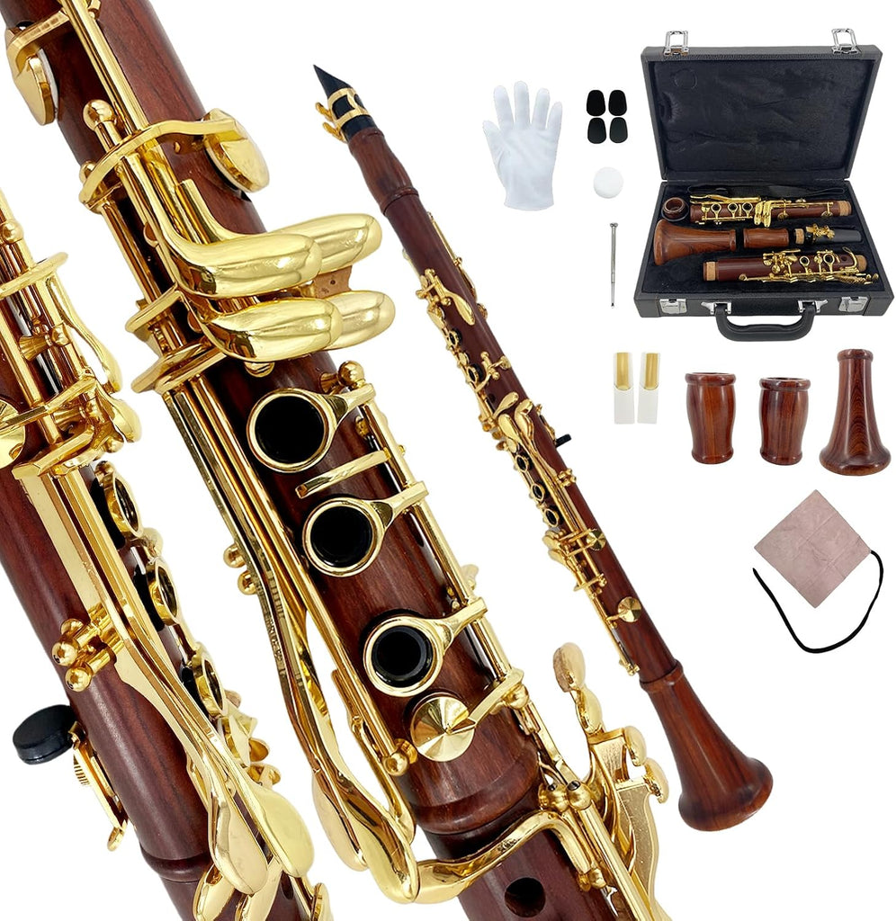 YoungMonic Bb Clarinet Rosewood Body Gold Keys Clarinets for Beginners Full Starter Set with Hard Case and Care Kits for Easy Learning & Clear Tone(r1)