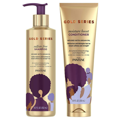 Pantene Shampoo and Sulfate Free Conditioner Kit, with Argan Oil, Pro-V Gold Series, for Natural and Curly Textured Hair, 16.9 fl oz, Kit