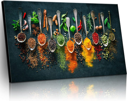 Framed Large Kitchen Wall art Pictures Decor Couful Spice in Spoon Vintage Canvas Wall Art Food Photos Painting On Canvas Home Decoration Gift Ready to Hang 24x36inch