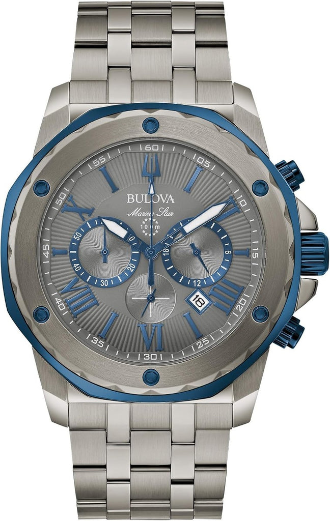 Bulova Men's Marine Star 'Series A' Gray IP Stainless Steel with Blue Accents Chronograph Quartz Watch, 4mm Style: 98B411