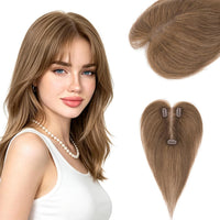 Hairro Hair Toppers For Women Real Human Hair Short Topper Hair Pieces For Thinning Hair Medium Brown Wiglet No Bang Middle Part Side Bangs Hair Clip 10 Inches 17g #04