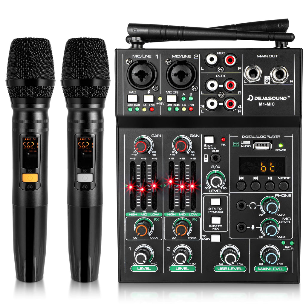 Pro 5 Channel Audio Mixer Mic Set for Live Streaming, Family Karaoke, Studio Recording, Bluetooth Dual Wireless Microphone System with USB Interface & 48V Phantom Power
