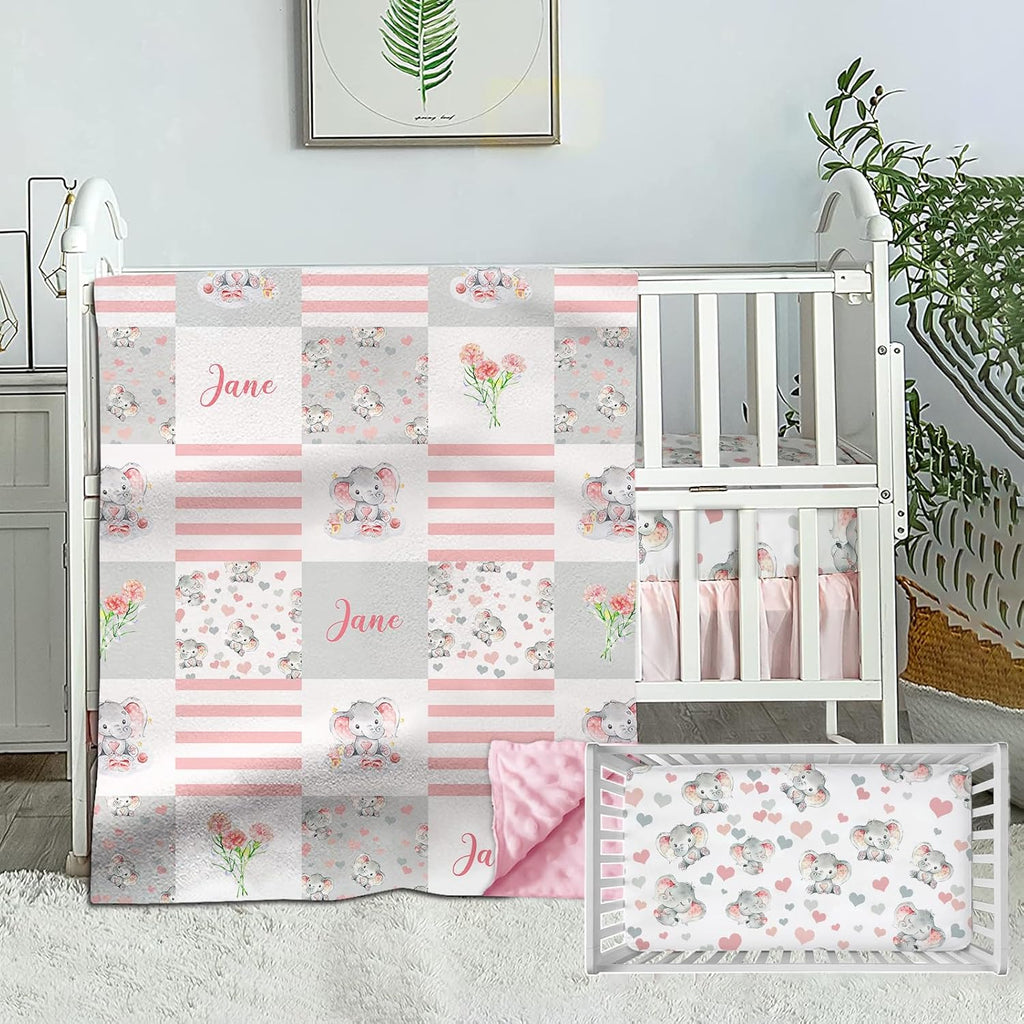 Munific Personalized Baby Bedding Set for Girls, Custom with Name, Cute Elephant Bedding, 2 Piece Sets, Pink Rose Baby Plaid Comforter, Fitted Sheet