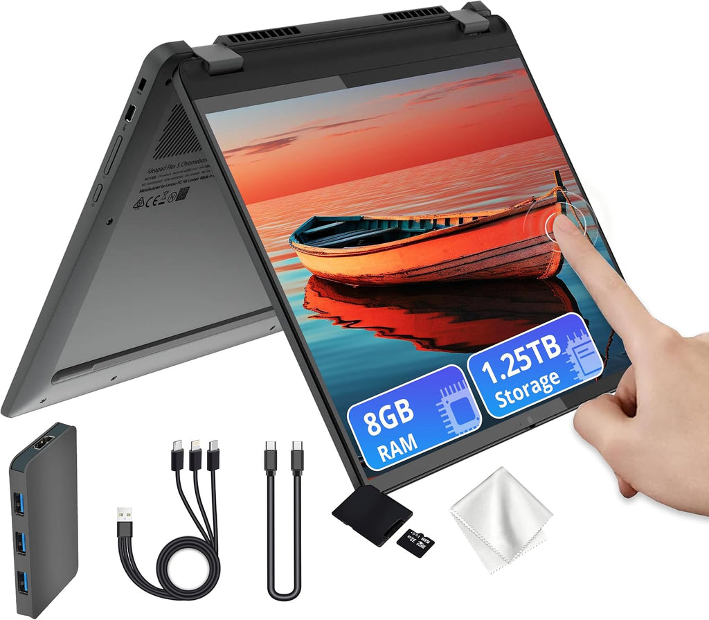 Lenovo Flex 5i Chromebook Plus 14" WUXGA Touchscreen 2-in-1 Laptop, Intel Core i5-1334U, 8GB LPDDR4x, 1.25TB Storage (256GB SSD&1TB Docking Station), Backlit Keyboard, FHD Camera, Chrome OS, Gray