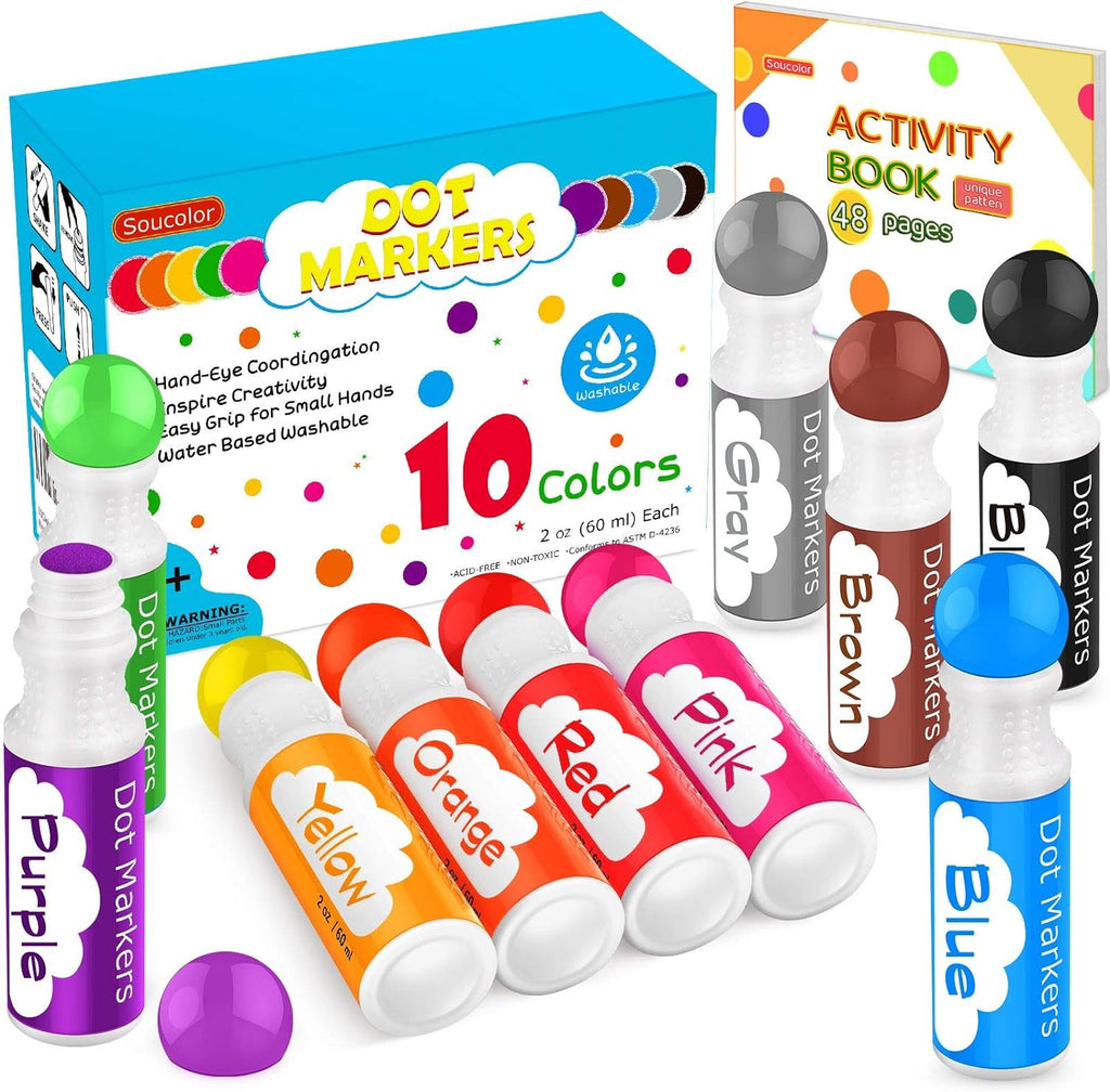 Soucolor Washable Dot Markers,10 Vibrant Colors 48 Pages Activity Book