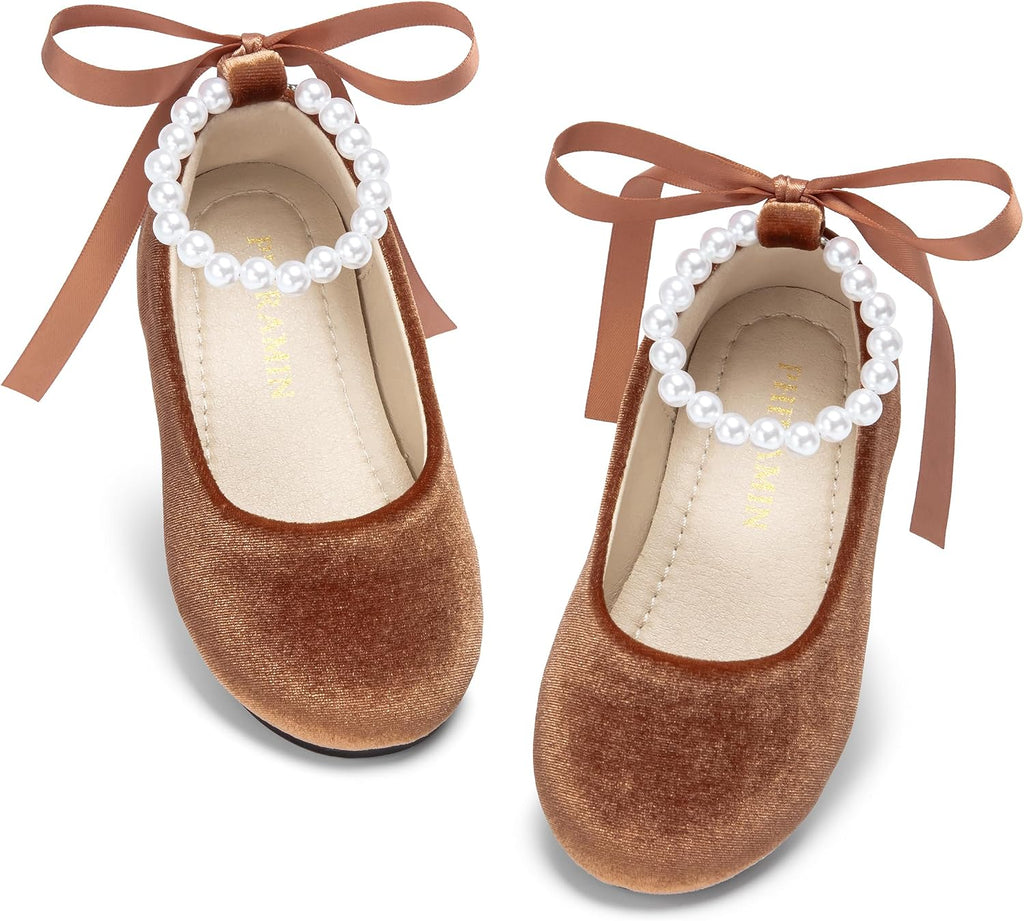 PHIRAMIN Toddler Flower Girl Velvet Brown Dress Shoes - Little Girl Ballet Flats Size 13 Pearl Wedding Party