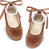 PHIRAMIN Toddler Flower Girl Velvet Brown Dress Shoes - Little Girl Ballet Flats Size 13 Pearl Wedding Party