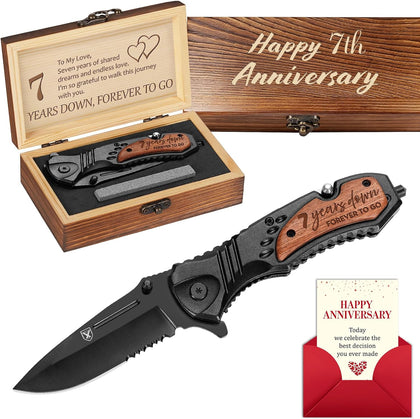 Titorld 7 Years Anniversary Keepsake Gifts for Him, 7th Copper Anniversary for Men Him Husband Boyfriend, Seven Years Marriage Wedding Date Engraved Pocket Knife with Gift Box 7.8 Inch