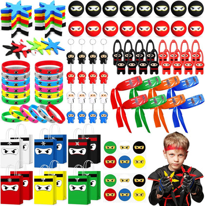 Resholder 128 Ninja Party Favors Include Ninja Paper Bags Bouncy Balls Throwing Favors Flying Slingshot Headbands Silicone Bracelets Keychains Stickers for Birthday Party (Colorful)