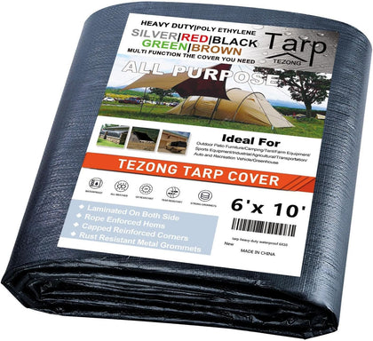 Tarps Heavy Duty Waterproof 6x10ft,TEZONG Black Tarp 16Mil Plastic Tarpaulin Outdoor Tarp Cover for Emergency Rain,Patio Furniture,Wood,Roof,Camping,Car,Pool