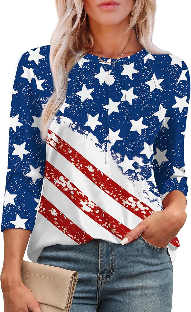XIEERDUO July 4th Shirts for Women Crewneck 3/4 Length Sleeve Womens Summer Tops American Flag White Blouse XXL