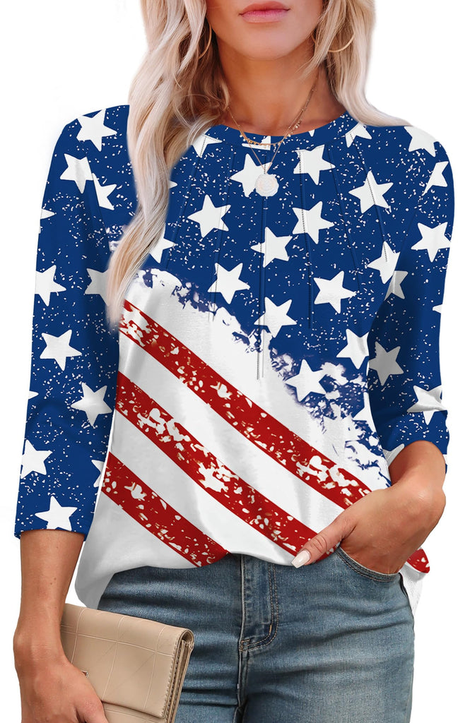 XIEERDUO Womens 4th of July Tops Plus Size 3/4 Length Sleeve Womens Summer Tops American Flag White Blouse 3XL