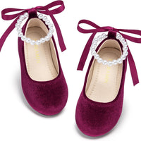 PHIRAMIN Toddler Flower Girl Velvet Burgundy Dress Shoes - Little Girl Ballet Flats Size 11 Pearl Wedding Party