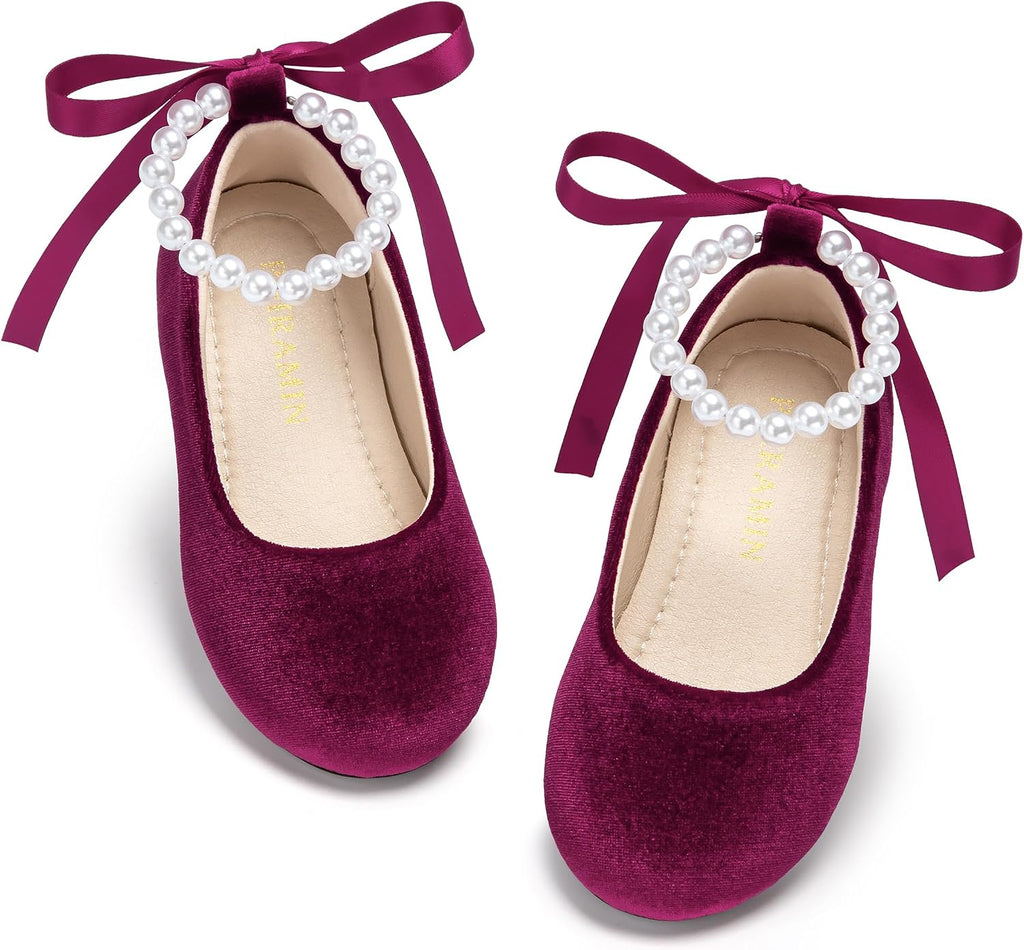 PHIRAMIN Toddler Flower Girl Velvet Burgundy Dress Shoes - Little Girl Ballet Flats Size 7 Pearl Wedding Party